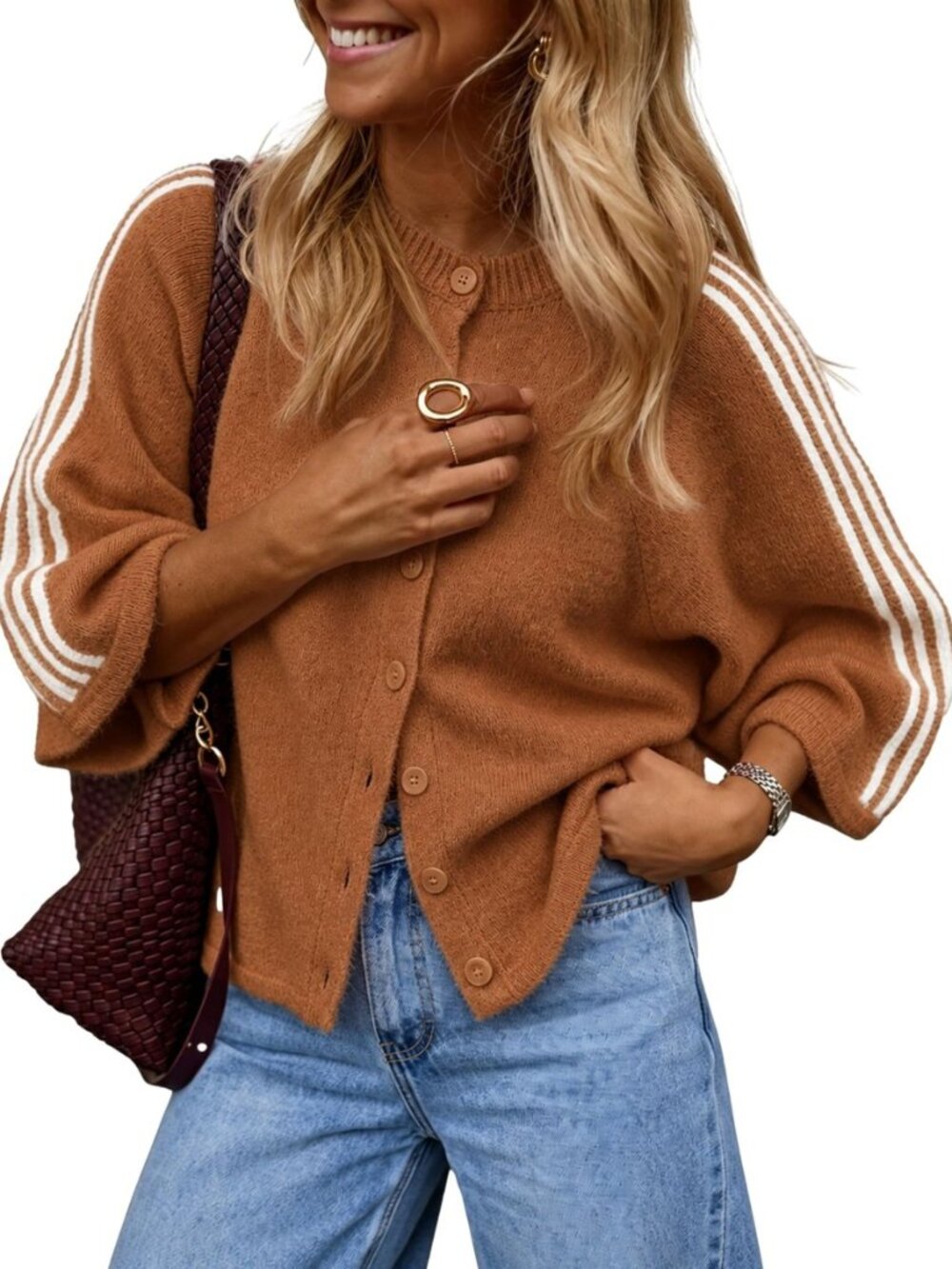 Women Oversized Striped Cardigan Short Sleeve Button Front Sweater